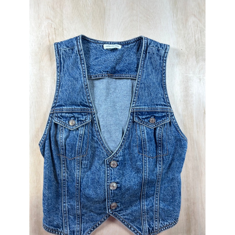 American Eagle Women Blue Denim Vest Button Front Cinch Back Medium Wash Small